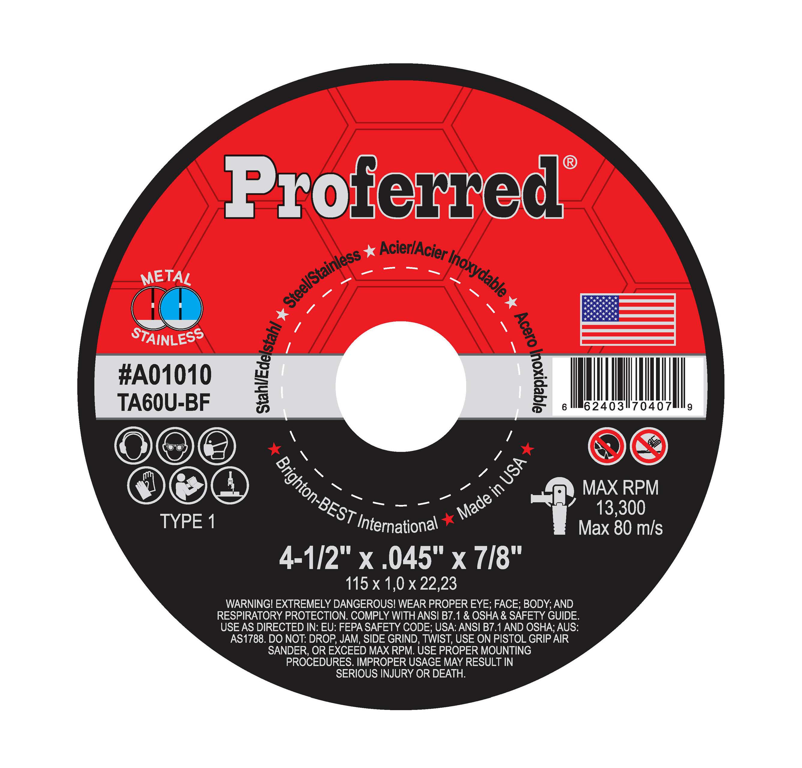 ABRASIVE CUT-OFF WHEELS AND CHOP SAW WHEELS - 4-1/2&quot; x .045&quot; x 7/8&quot; Type 1 Cutoff Wheel, TA60U