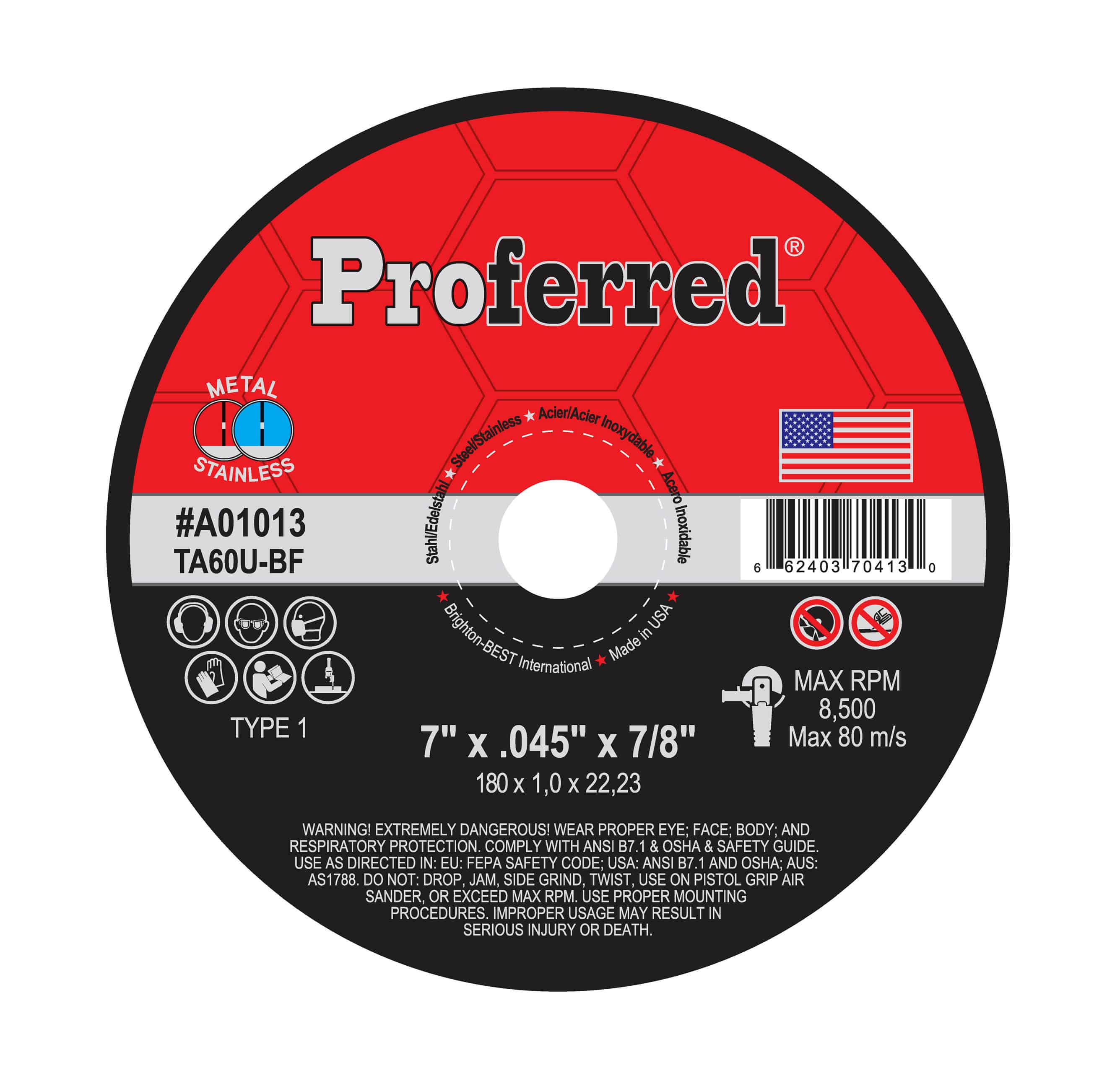 ABRASIVE CUT-OFF WHEELS AND CHOP SAW WHEELS - 7&quot; x .045&quot; x 7/8&quot; Type 1 Cutoff Wheel, TA60U