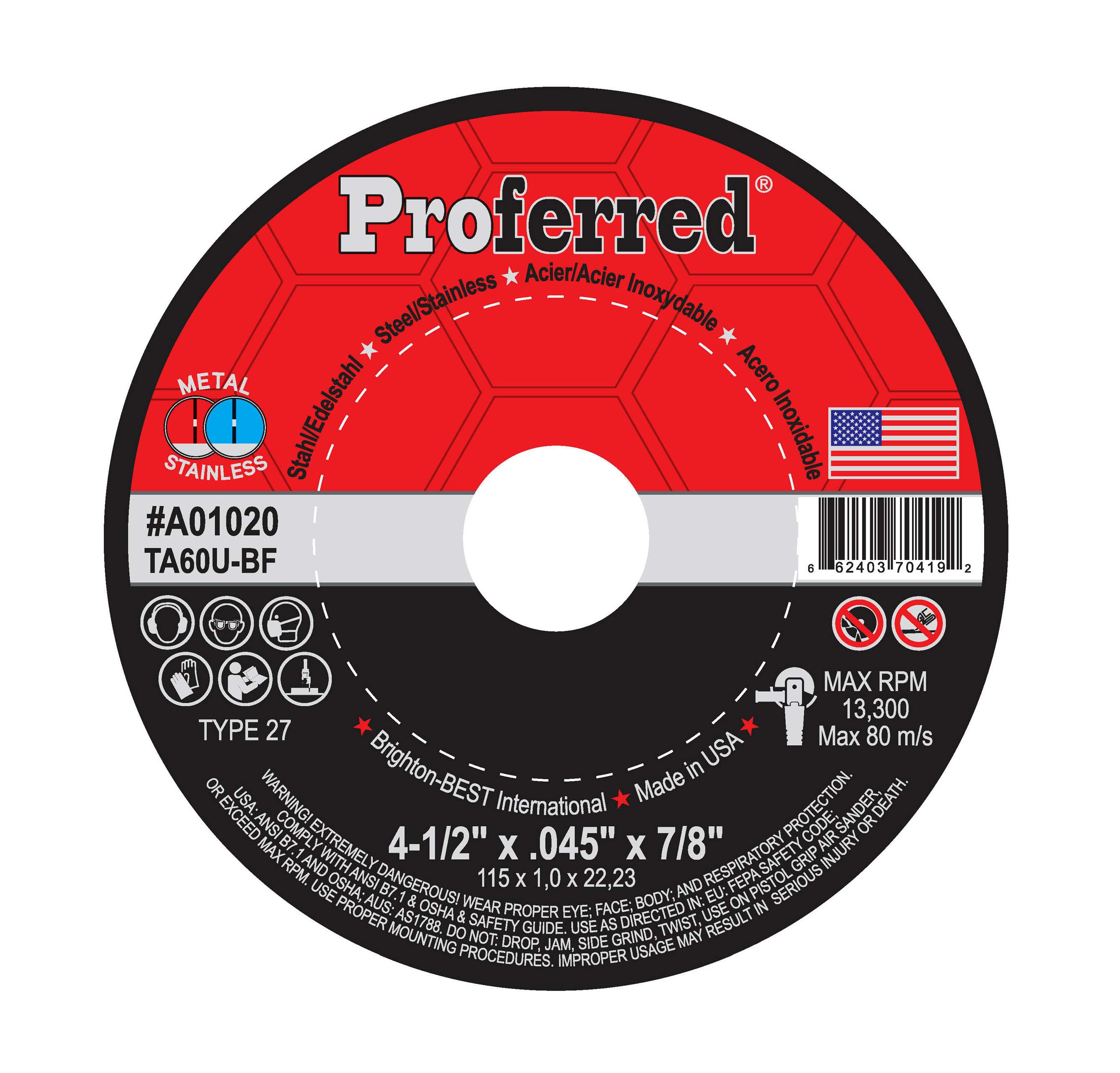 ABRASIVE CUT-OFF WHEELS AND CHOP SAW WHEELS - 4-1/2&quot; x .045&quot; x 7/8&quot; Type 27 Cutoff Wheel, TA60U