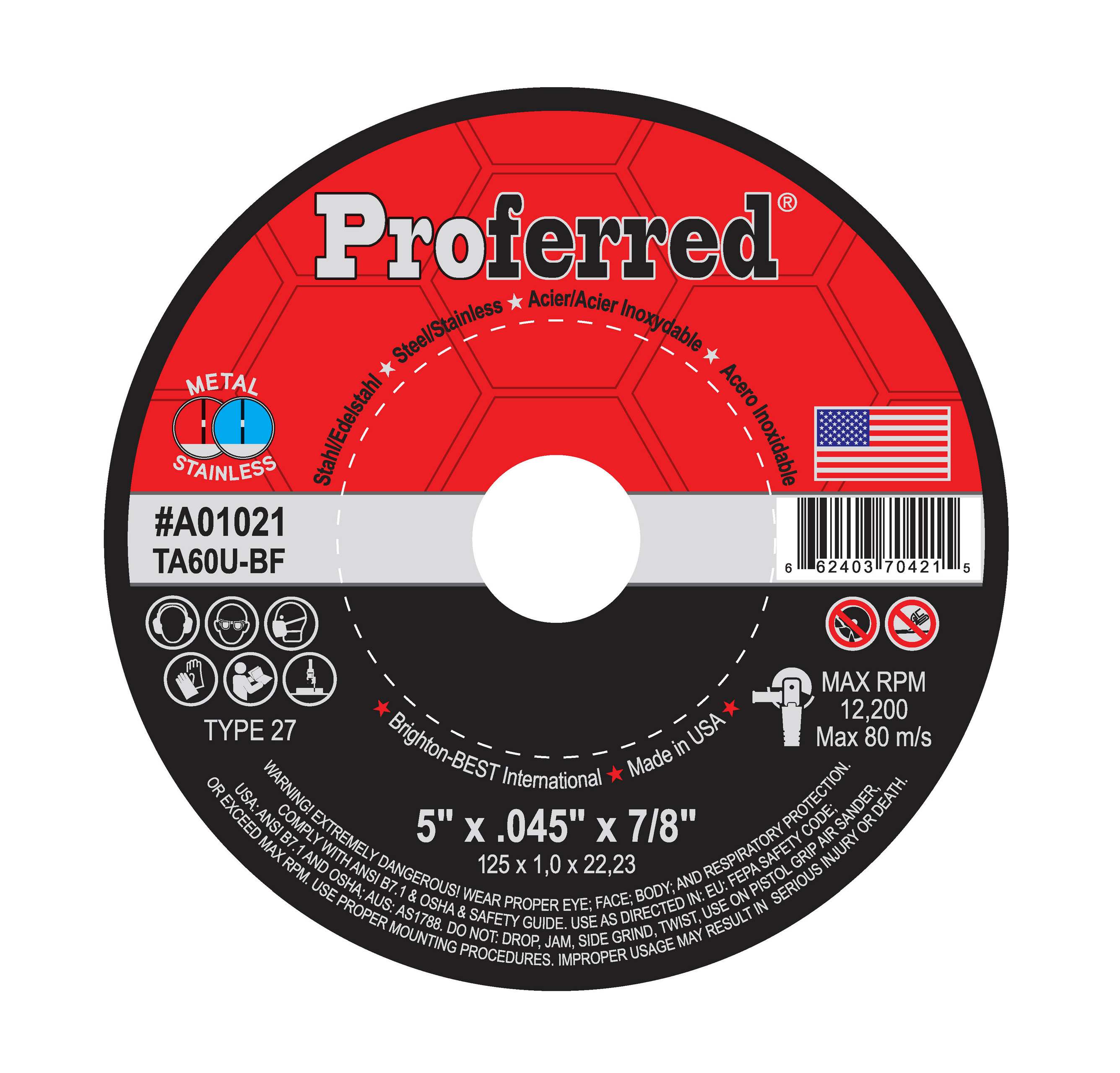ABRASIVE CUT-OFF WHEELS AND CHOP SAW WHEELS - 5&quot; x .045&quot; x 7/8&quot; Type 27 Cutoff Wheel, TA60U
