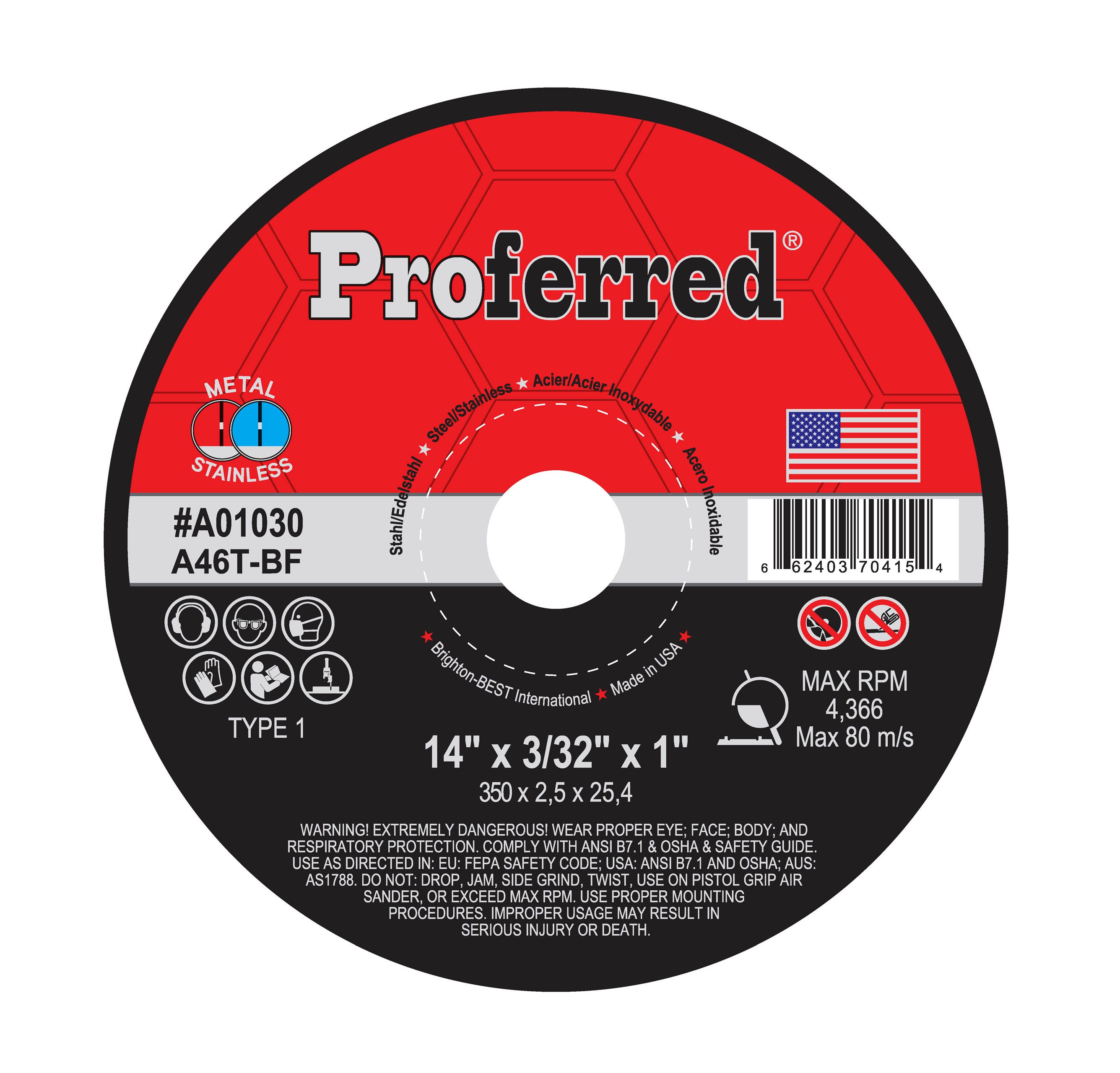 ABRASIVE CUT-OFF WHEELS AND CHOP SAW WHEELS - 14&quot; x 3/32&quot; x 1&quot; Type 1 Chop Saw Wheel, A46T