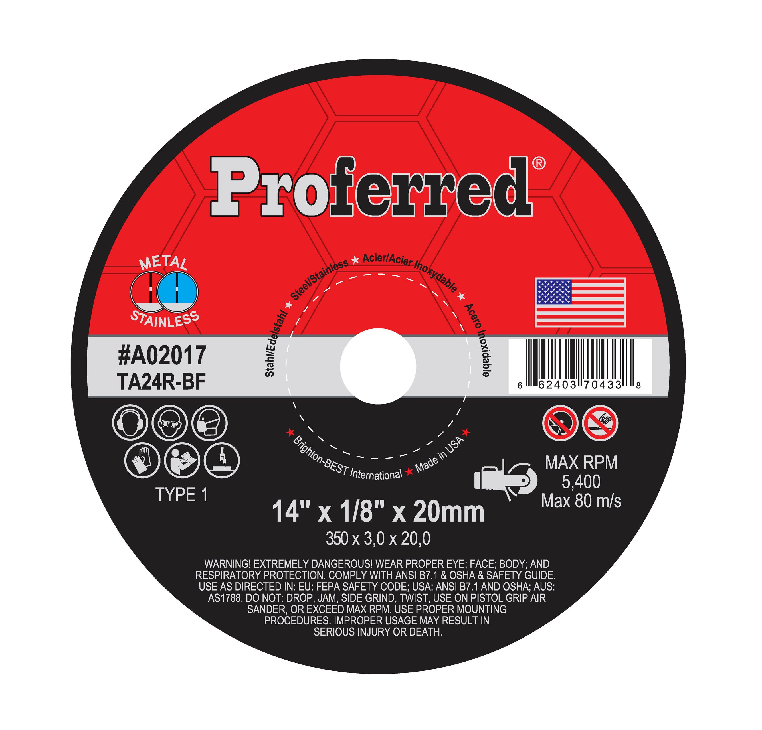 ABRASIVE PORTABLE HIGH SPEED GAS SAW WHEELS - 14&quot; x 1/8&quot; x 20MM Type 1, TA24R