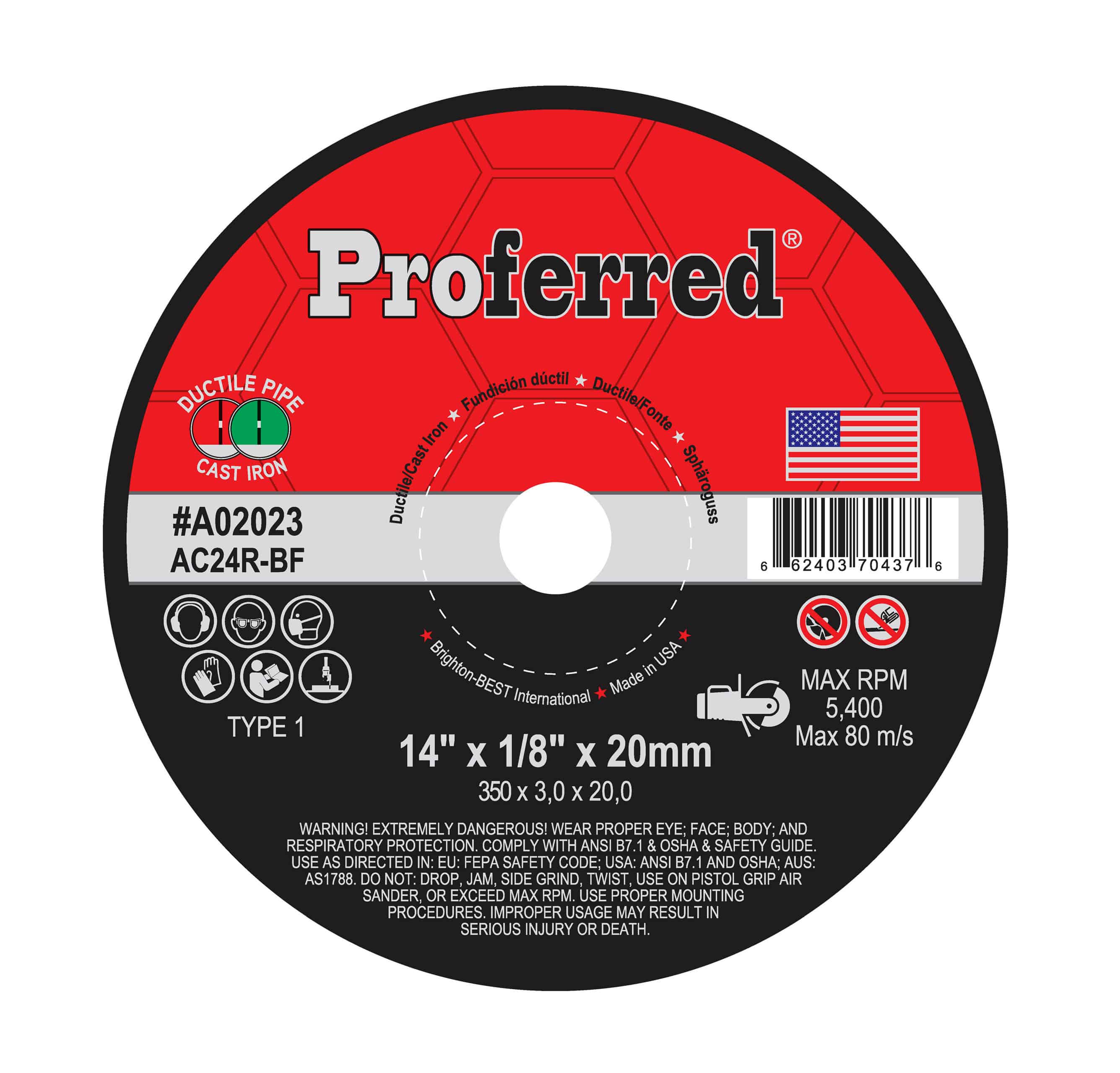 ABRASIVE PORTABLE HIGH SPEED GAS SAW WHEELS - 14&quot; x 1/8&quot; x 20MM Type 1, AC24R