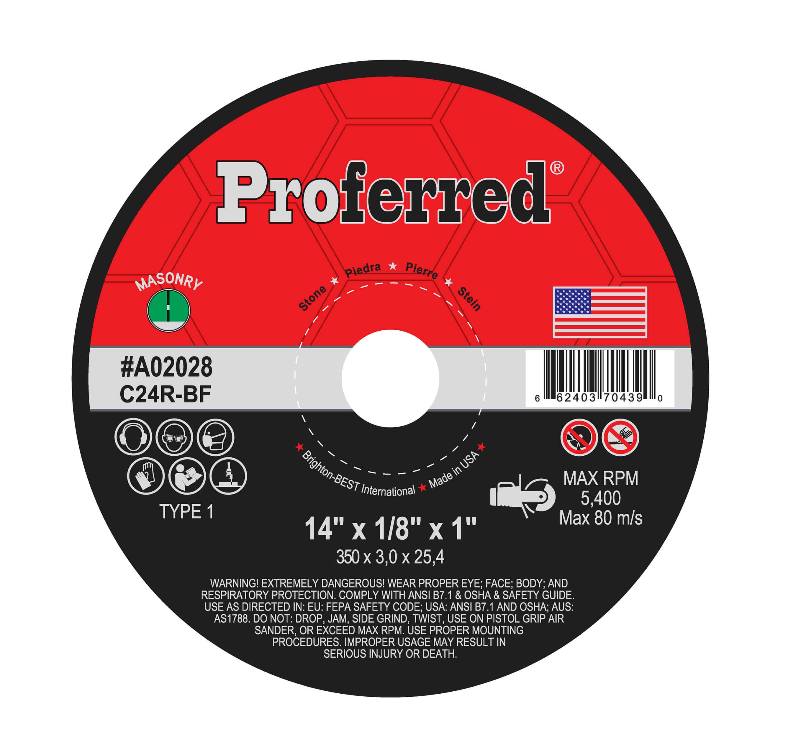 ABRASIVE PORTABLE HIGH SPEED GAS SAW WHEELS - 14&quot; x 1/8&quot; x 1&quot; Type 1, C24R