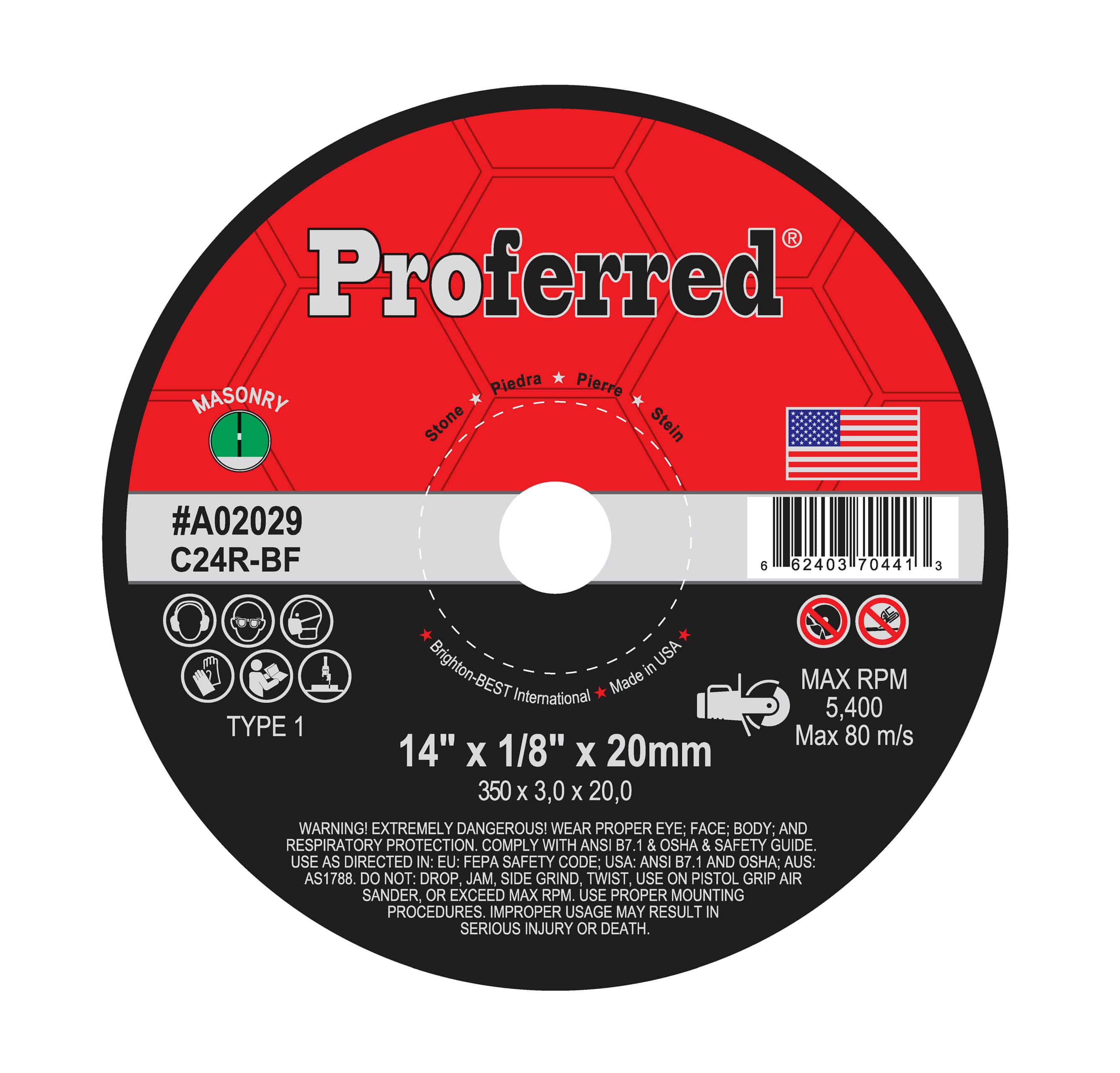ABRASIVE PORTABLE HIGH SPEED GAS SAW WHEELS - 14&quot; x 1/8&quot; x 20MM Type 1, C24R