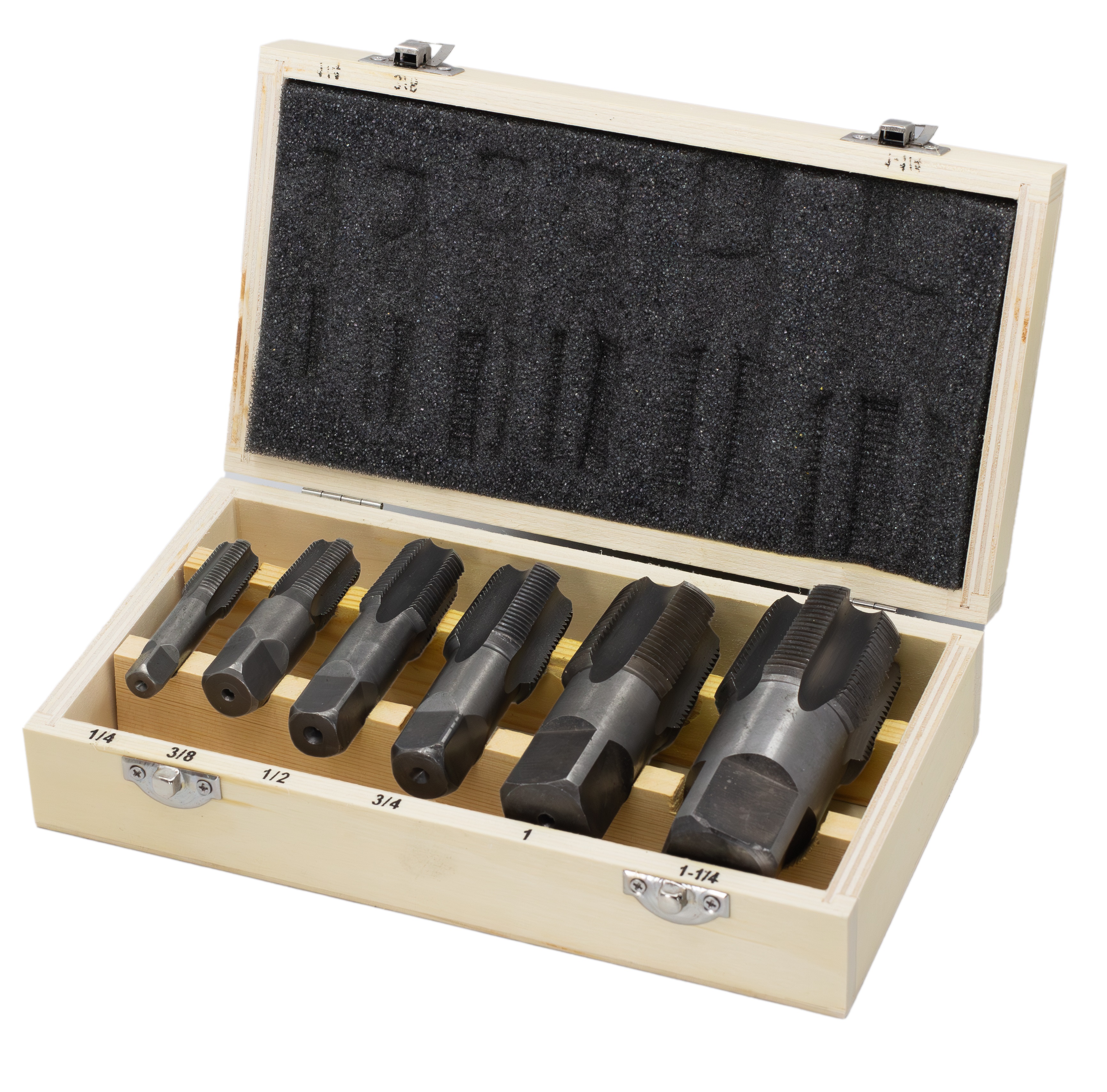 6 Piece Carbon Steel NPT Pipe Tap Set (1/4&quot; 3/8&quot; 1/2&quot; 3/4&quot; 1&quot; and 1-1/4&quot; in Wooden Case)