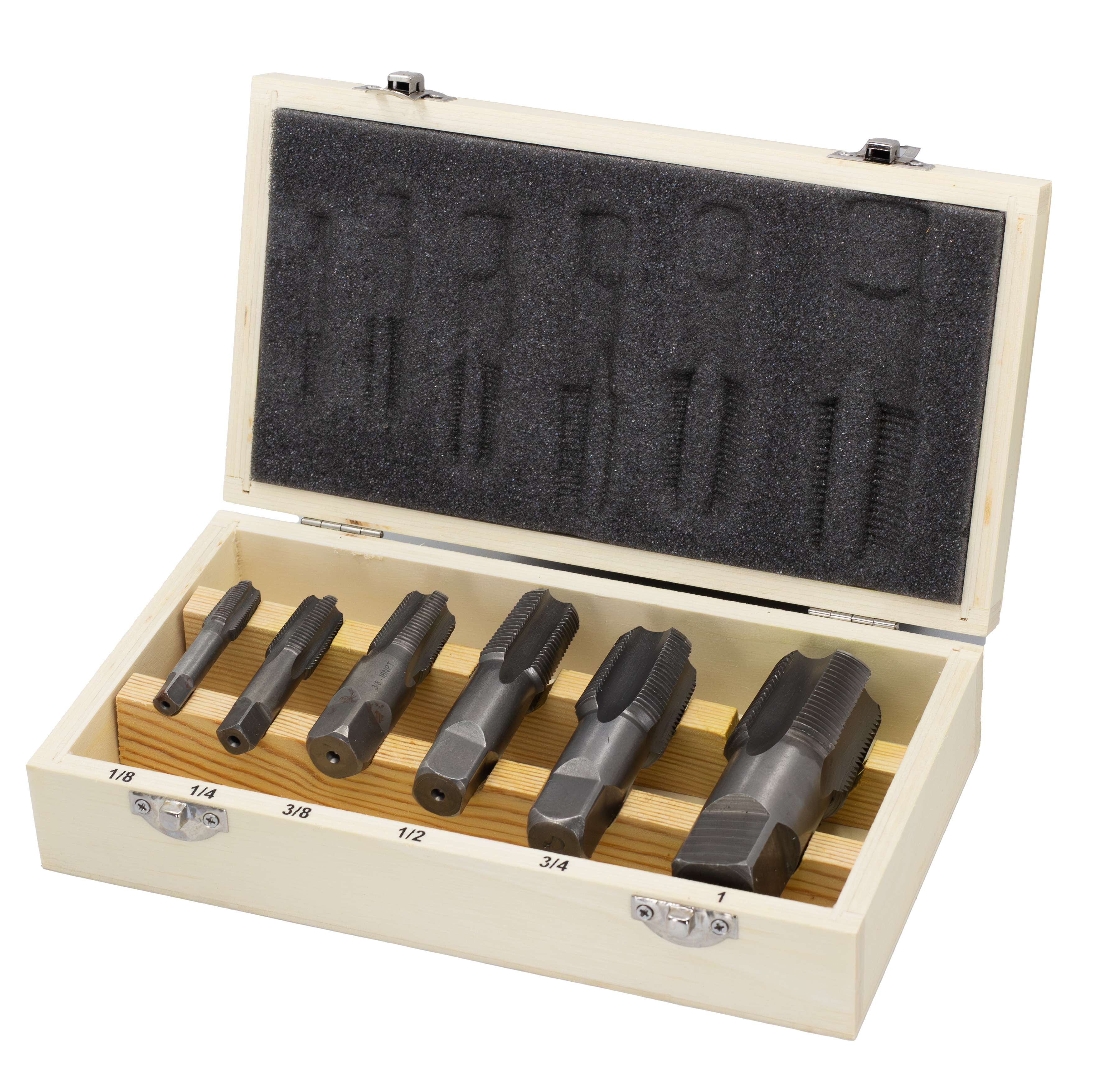6 Piece Carbon Steel NPT Pipe Tap Set (1/8&quot; 1/4&quot; 3/8&quot; 1/2&quot; 3/4&quot; and 1&quot; in Wooden Case)