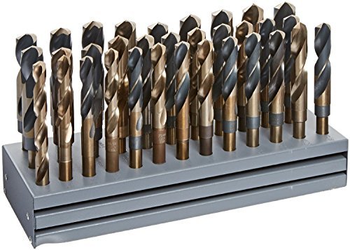 33 Piece HSS Black &amp; Gold Drill Bit Set with Reduced 1/2" 3-Flat Shank, 1/2" - 1", Metal Stand