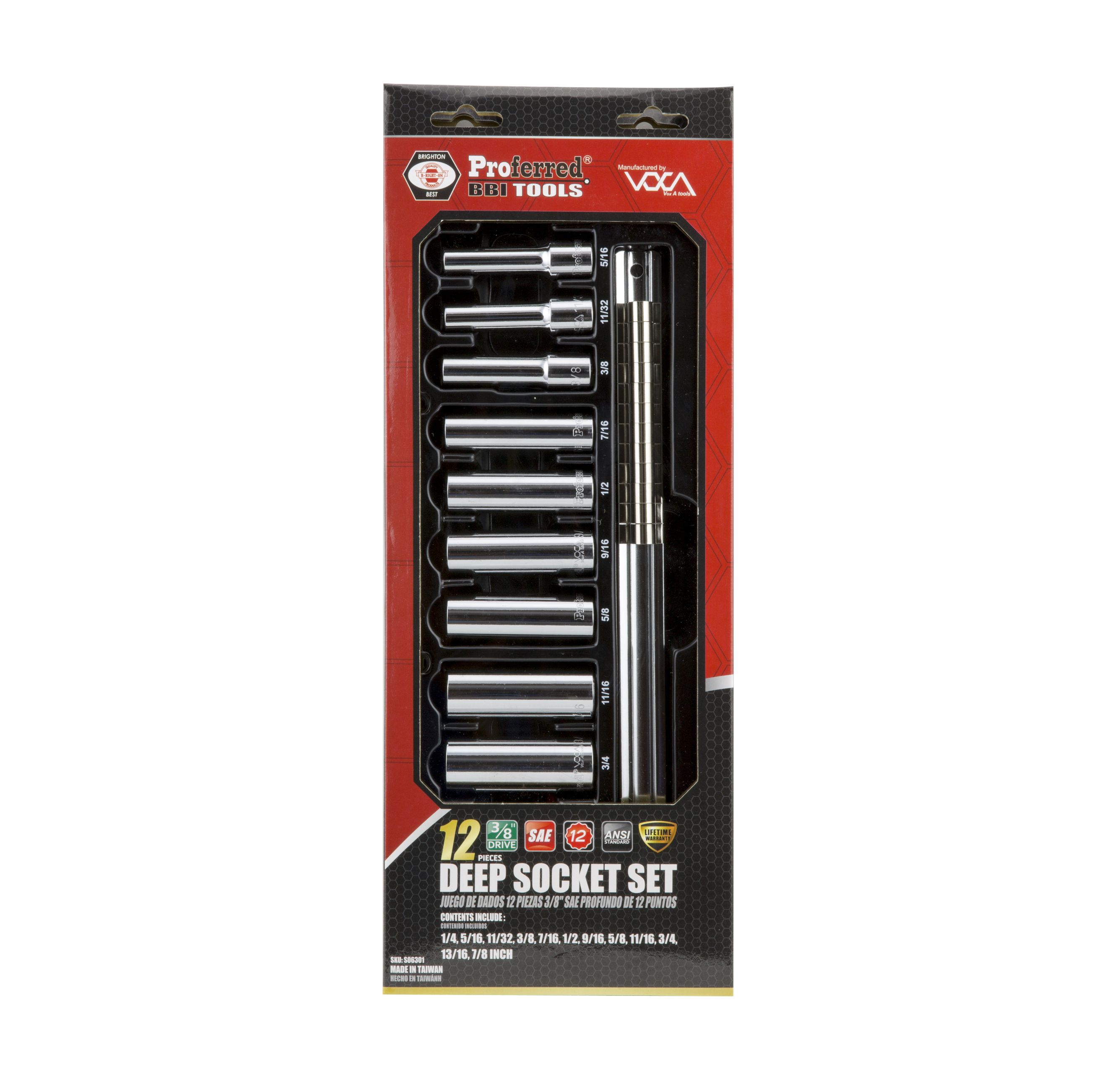 S06301 PROFERRED 3/8" DRIVE STANDARD SAE SOCKET SET - 12 PIECE 12 POINT DEEP SAE