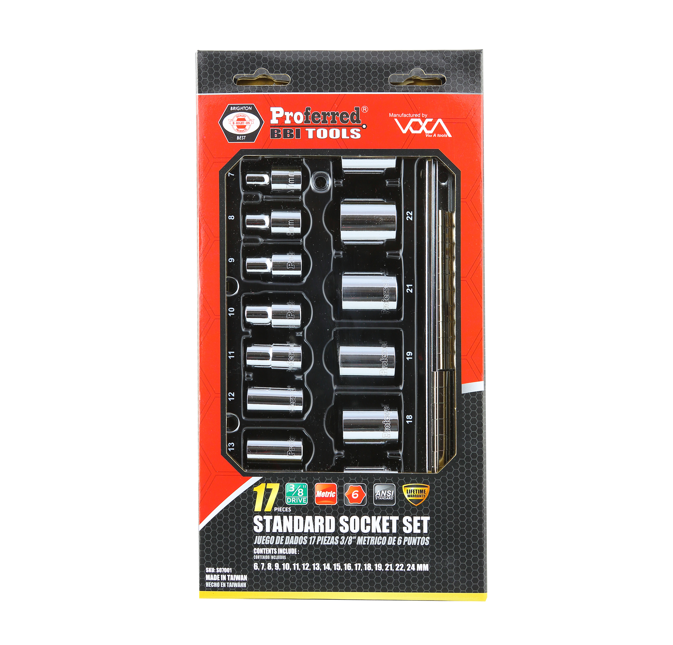 S07001 PROFERRED 3/8" DRIVE STANDARD METRIC SOCKET SET - 17 PIECE 6 POINT STANDARD Metric