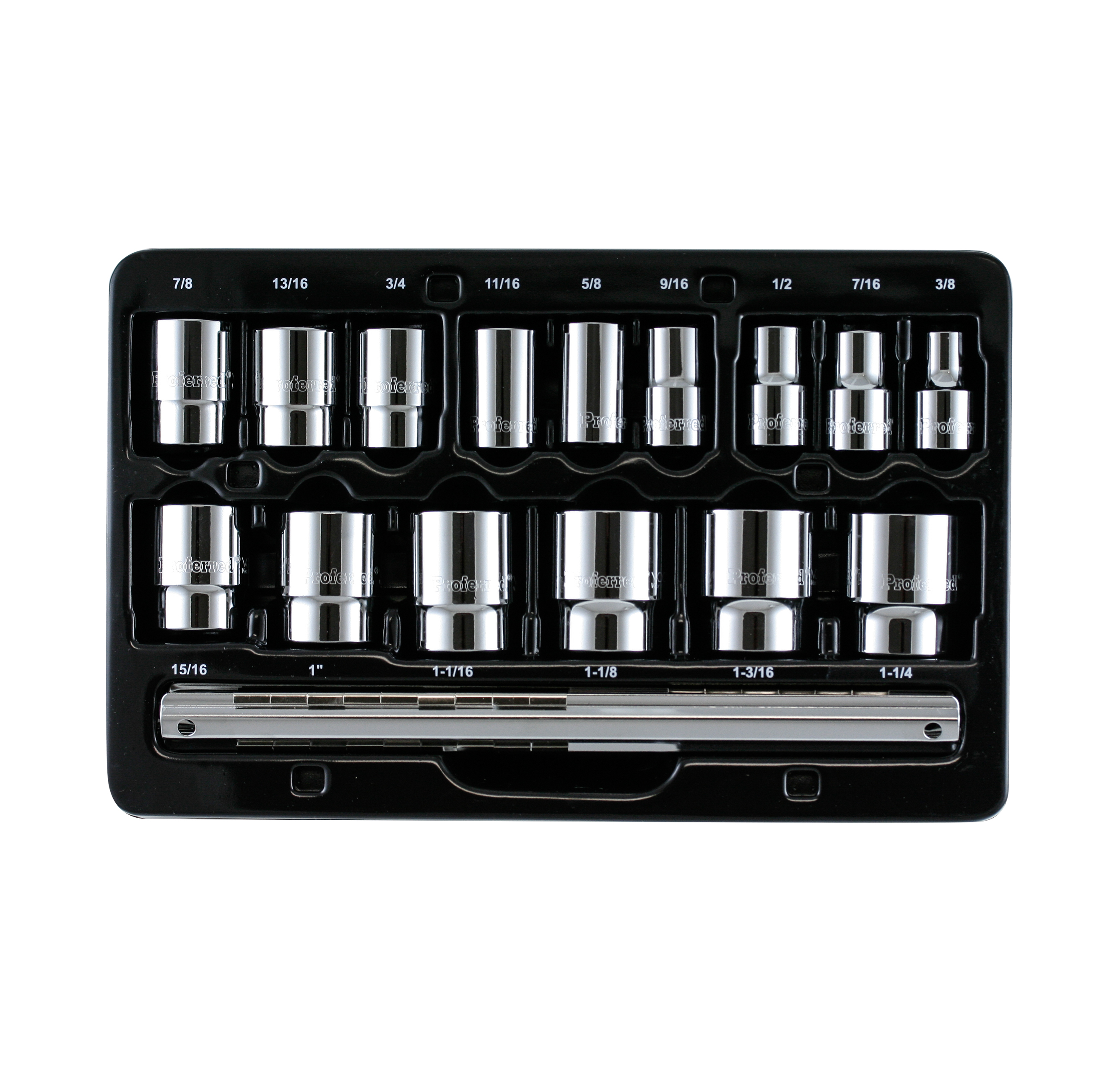 S08201 PROFERRED 1/2" DRIVE STANDARD SAE SOCKET SET - 15 PIECE 12 POINT STANDARD