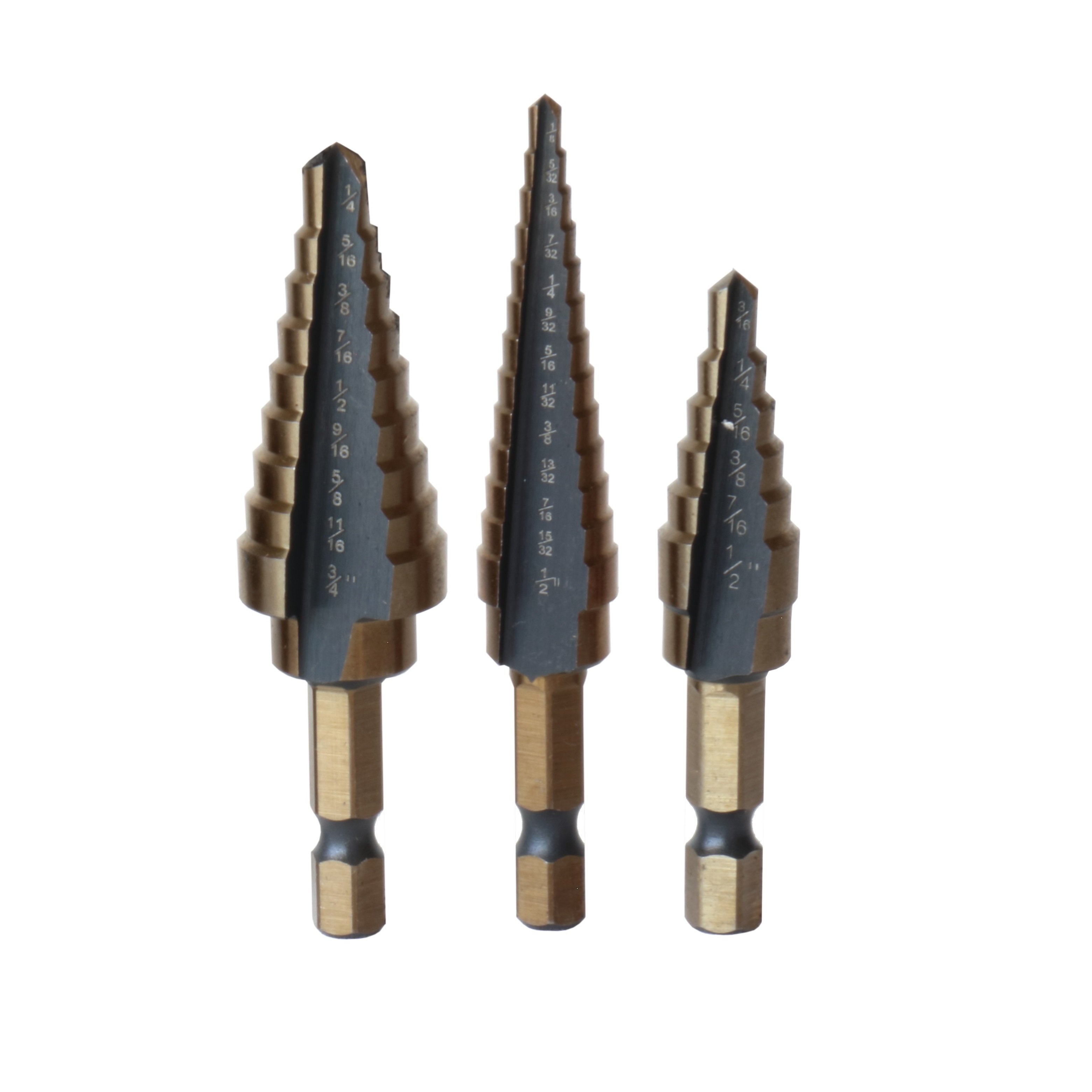 3 Piece HSS Black &amp; Gold Quick Change Hex Shank Step Drill Bit Set (Sizes #1 to #3)